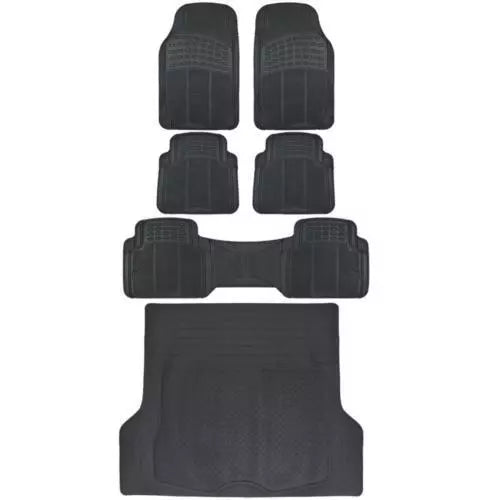 3-Row All-Weather Rubber Car Floor Mats & Cargo Cover Trunk Liner Max Duty Black