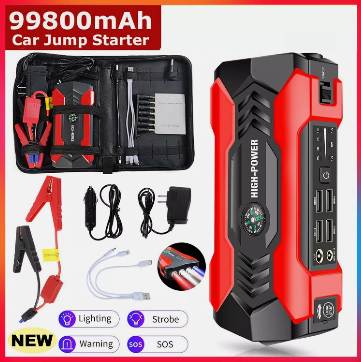 99800mAh Car Jump Starter Booster Jumper Box Power Bank Battery Charger Portable