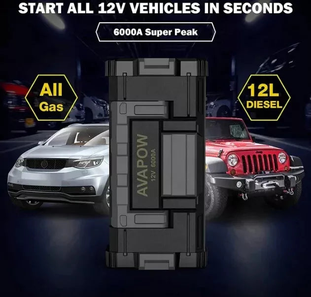 AVAPOW 6000A 24000mAh Car Battery Jump Starter 12V Dual USB Quick Charge and DC