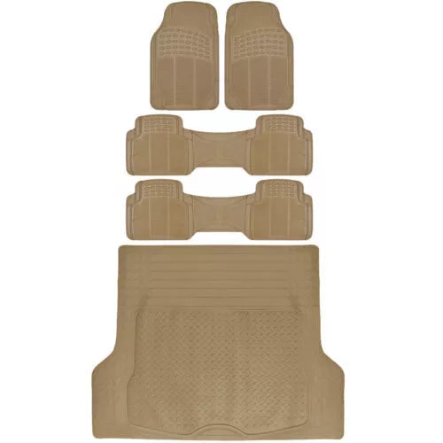 All-Weather Rubber Van SUV Floor Mat Trunk Cargo Liner 3 Row 5pc Full Set Beige