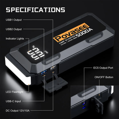 Car Jump Starter 5000A Booster Jumper Power Bank Battery Charger with 3 LCD Display