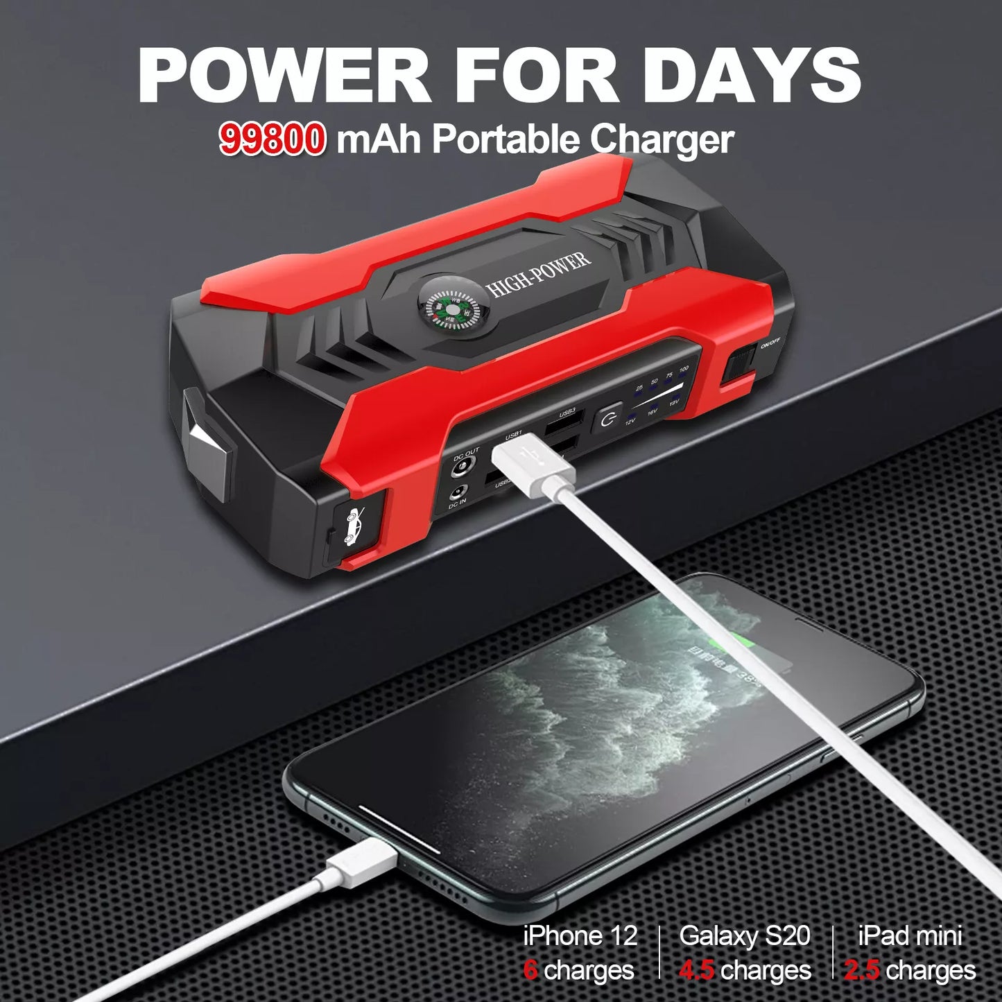 Car Jump Starter 99800mAh Booster Jumper Box Power Bank Battery Charger Portable