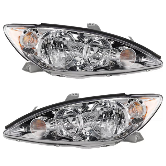 Fits 2005-2006 Toyota Camry Set Headlight Assembly - Left Right Side Halogen Chrome Housing