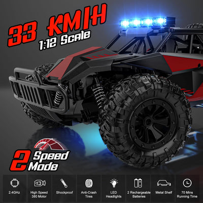 GearUpZone Remote Control Car – 2.4GHz 1:12 Scale High-Speed 33 km/h Off-Road Monster Truck with LED Headlights & Rechargeable Battery – Great Gift for Boys 8–12 and Adults
