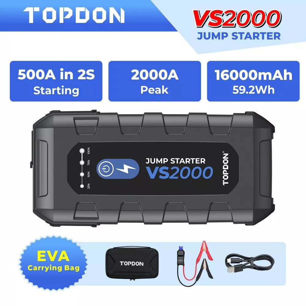 TOPDON 2000A Portable Car Jump Starter 12V Battery Booster Jumper Box Powerbank