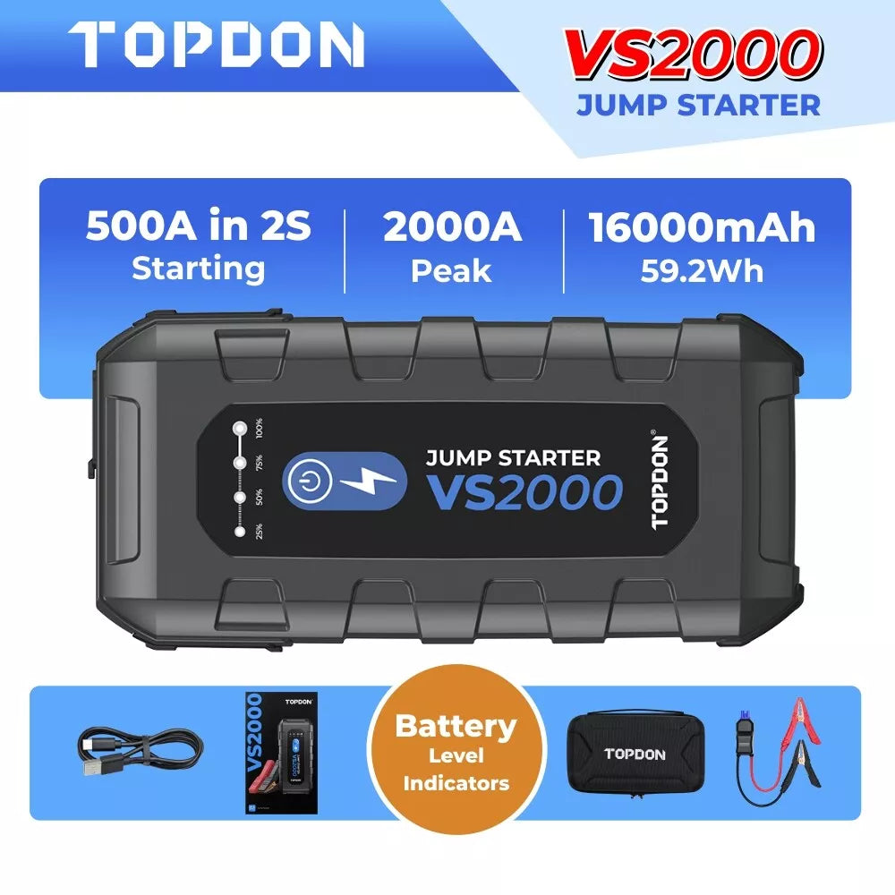 TOPDON 2000A Portable Car Jump Starter 12V Battery Booster Jumper Box Powerbank