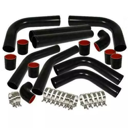 Universal 2.5 Inch Aluminum Intercooler Kit with Black/Red Piping (8 Pieces)