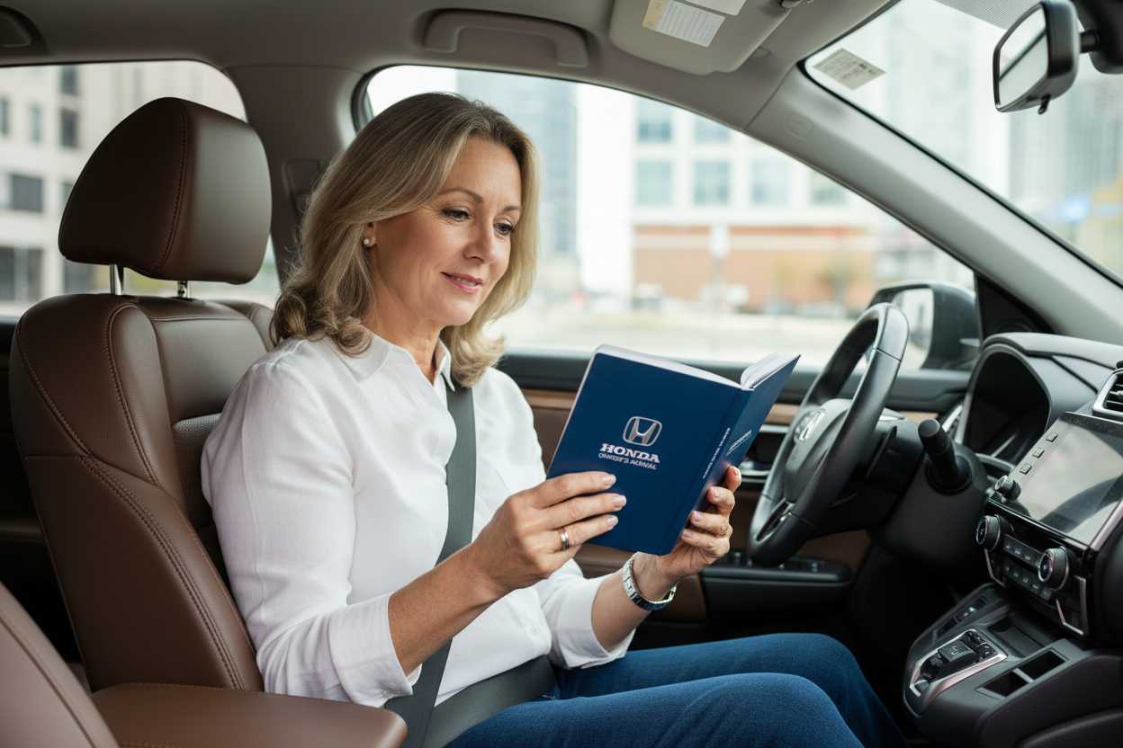 A american lady on hers 50s inside honda car reading a factory owners manual blue book, place honda logo on owners manual, horizontal book, small size soft cover book guide blue.